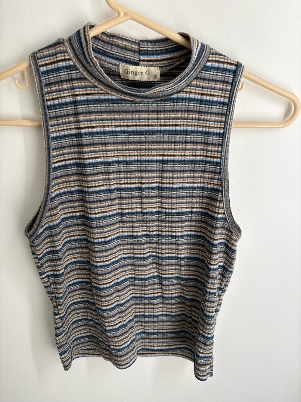 Ginger G Y2K Ribbed Striped Sleeveless Tank in Blue and Tan